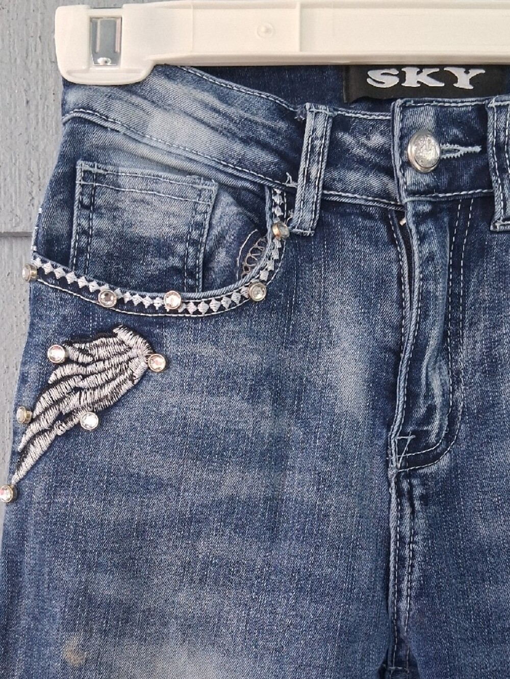 Sky Denim Jeans with Studded Winged Skull Pocket - Picture 4 of 8